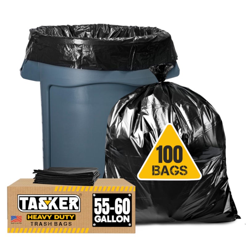 Tasker 55-60 Gallon Trash Bags Heavy Duty, (Value Pack 100 Bags w/Ties) Large Black Outdoor Trash Bags, Extra Large Trash Can Liners, 60 Gal, 55 Gal, 50 Gallon Trash Can Liner Capacity - Image 1